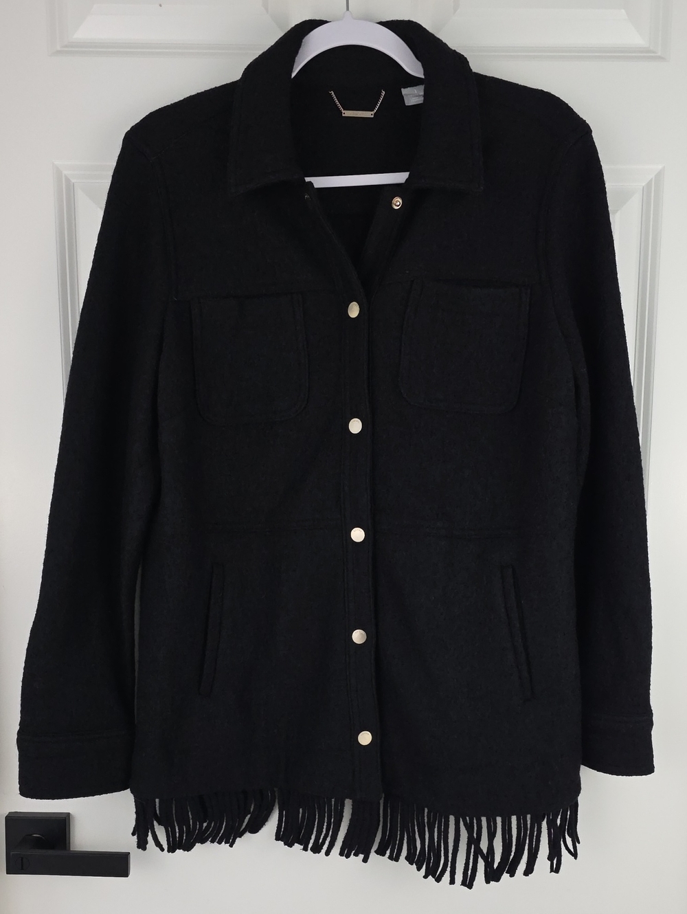 Chico's Women's Wool Blend Black Fringe Button-Front Jacket W/Pockets. Sz 8/10